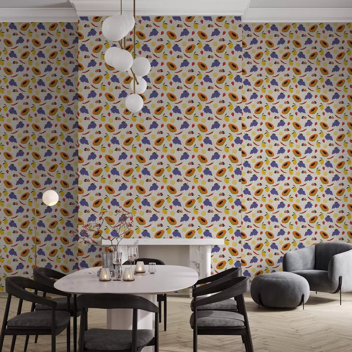 Tapete Papaya, Trauben und Zitronen – eine bunte Fruchtmischung a00803