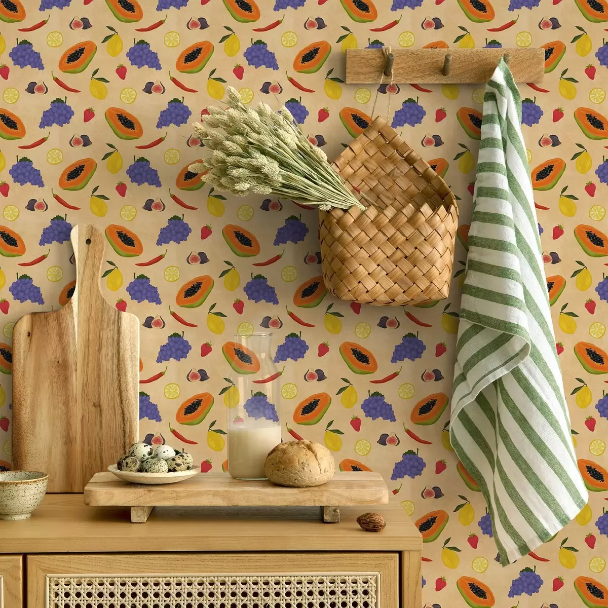 Tapete Papaya, Zitrusfrüchte und Beeren auf einem satten, warmen Hintergrund a00803v1