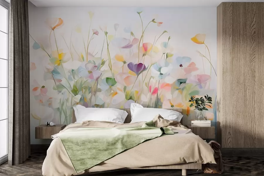 Fototapete Abstraktes Feld mit bunten Blumen mit langen Stielen und grünen Blättern, strukturiert, pastellfarben, helle Farben w09466