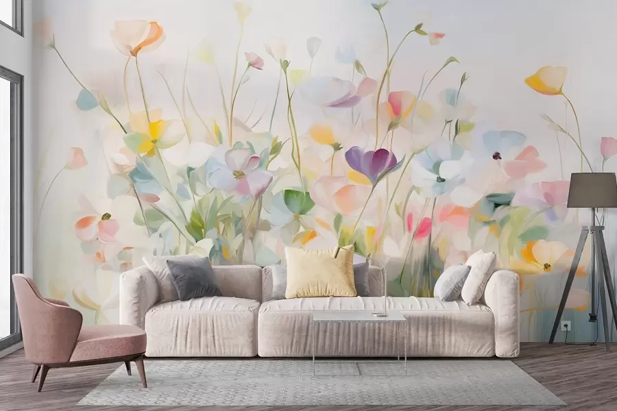 Fototapete Abstraktes Feld mit bunten Blumen mit langen Stielen und grünen Blättern, strukturiert, pastellfarben, helle Farben w09466
