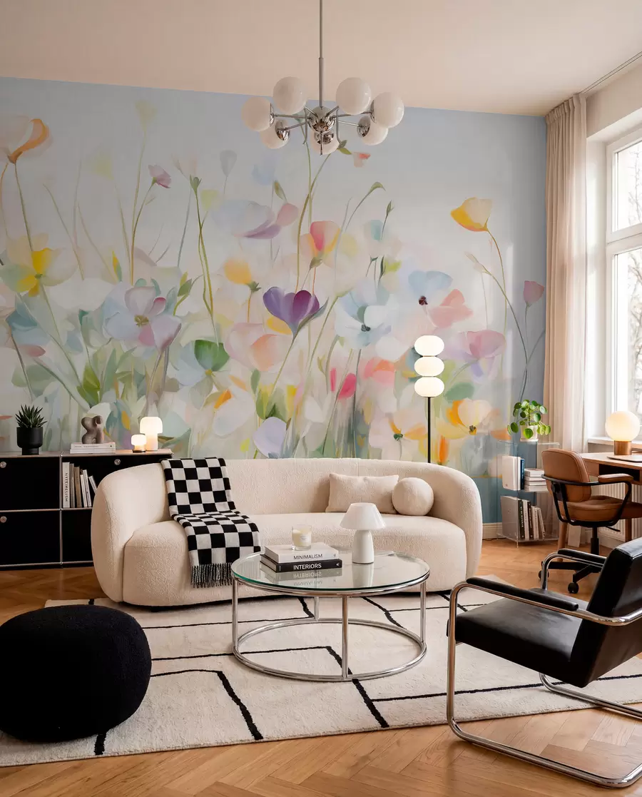 Fototapete Abstraktes Feld mit bunten Blumen mit langen Stielen und grünen Blättern, strukturiert, pastellfarben, helle Farben w09466