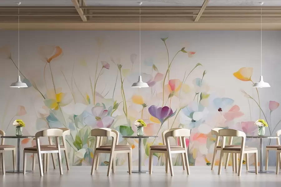 Fototapete Abstraktes Feld mit bunten Blumen mit langen Stielen und grünen Blättern, strukturiert, pastellfarben, helle Farben w09466