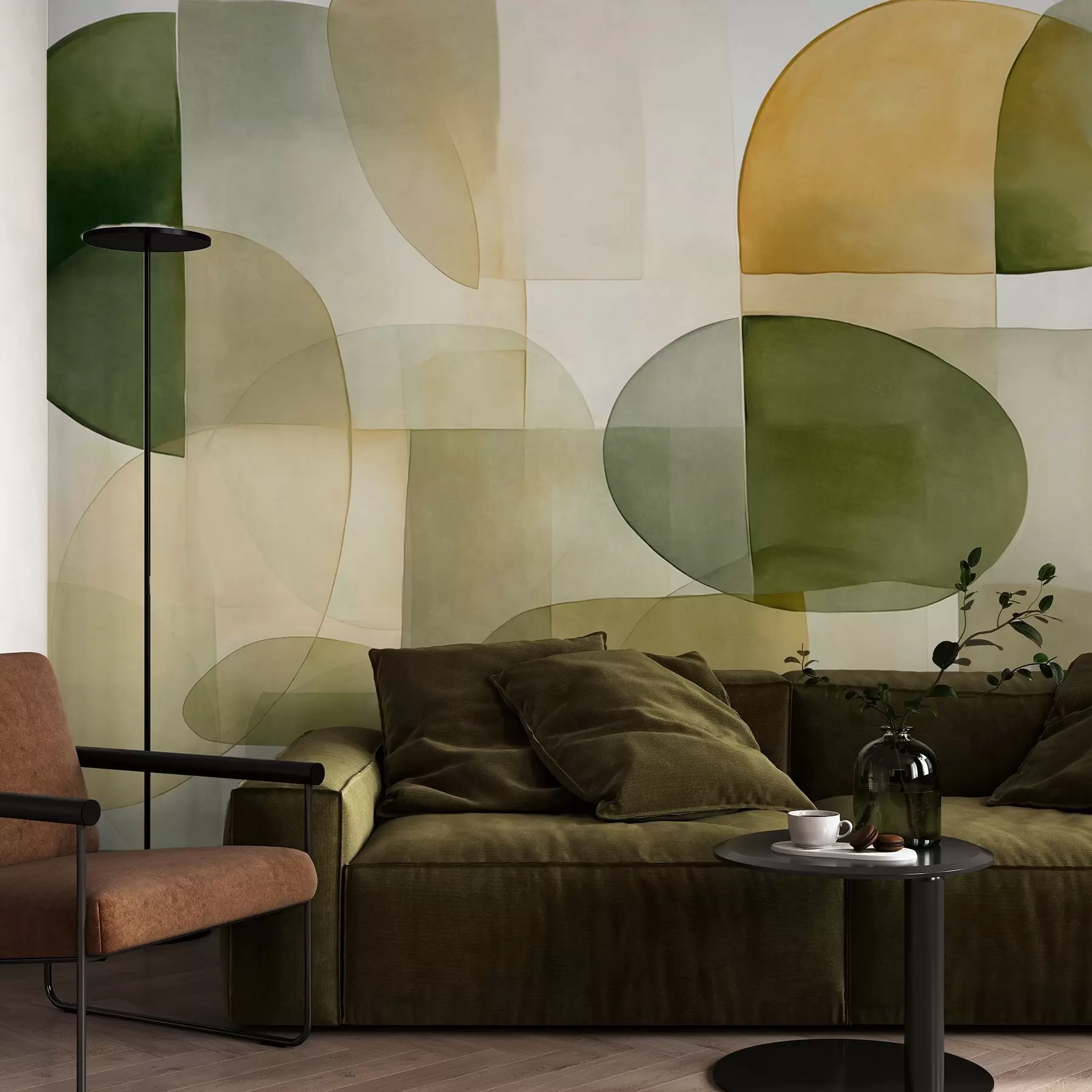 Fototapete Abstrakte, strukturierte Formen in Grün- und Gelbtönen, gedeckte Farben, minimalistische Komposition, neutraler Hintergrund w09467