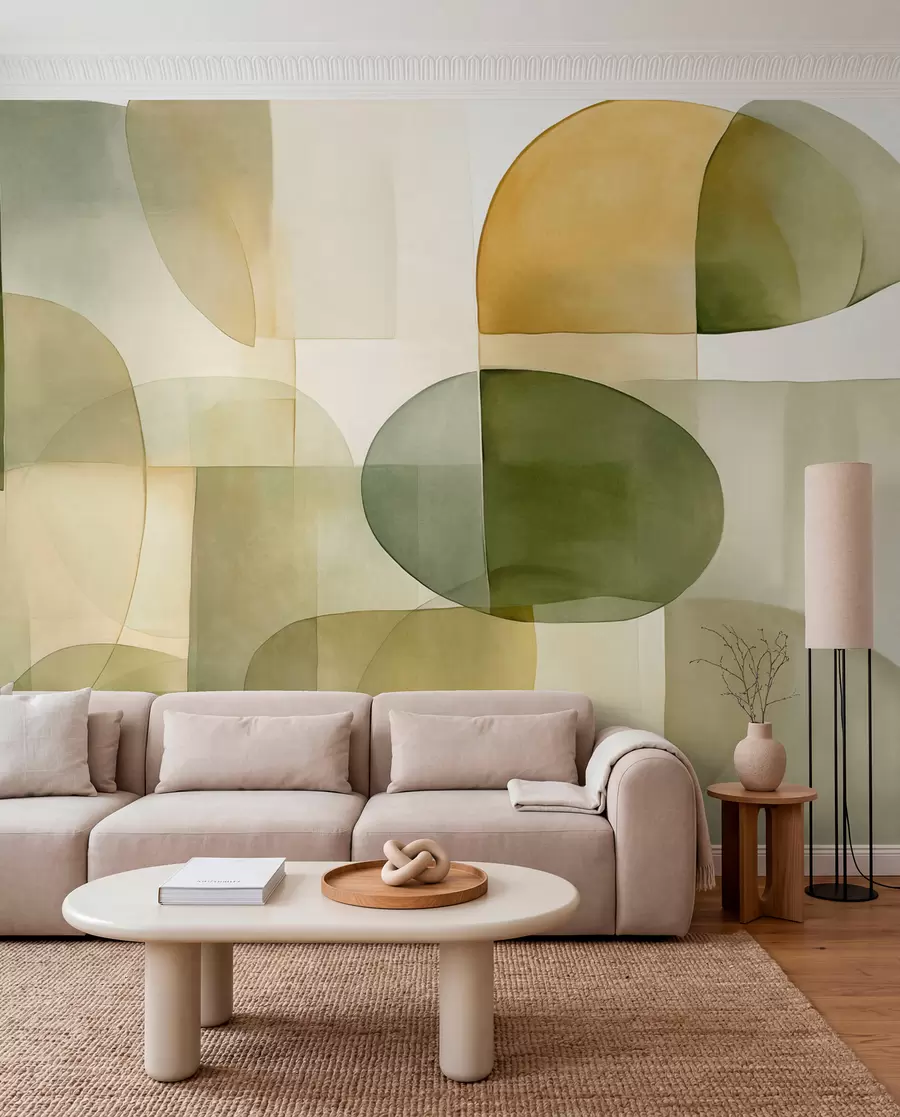 Fototapete Abstrakte, strukturierte Formen in Grün- und Gelbtönen, gedeckte Farben, minimalistische Komposition, neutraler Hintergrund w09467