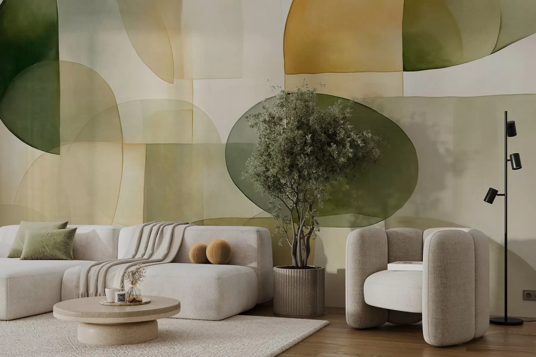 Fototapete Abstrakte, strukturierte Formen in Grün- und Gelbtönen, gedeckte Farben, minimalistische Komposition, neutraler Hintergrund w09467