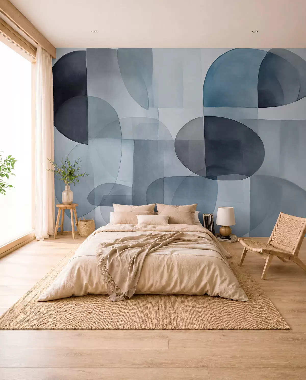Fototapete Abstrakte, strukturierte Formen in Grau- und Blautönen, gedeckte Farben, minimalistische Komposition, neutraler Hintergrund w09467v1