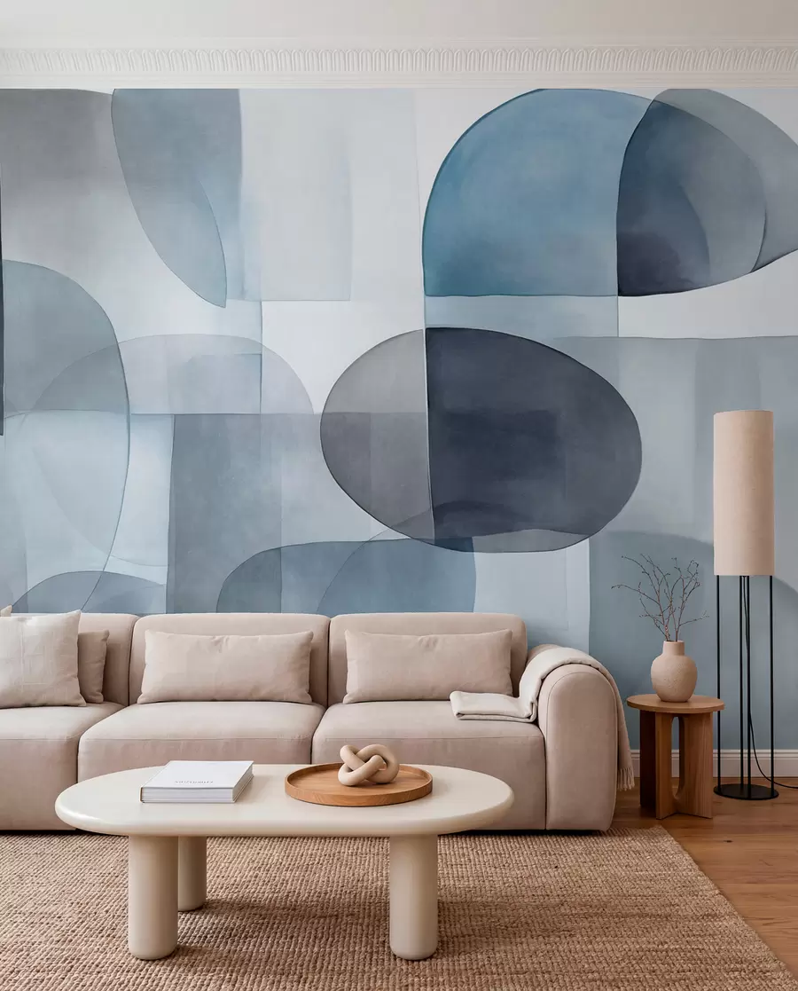 Fototapete Abstrakte, strukturierte Formen in Grau- und Blautönen, gedeckte Farben, minimalistische Komposition, neutraler Hintergrund w09467v1