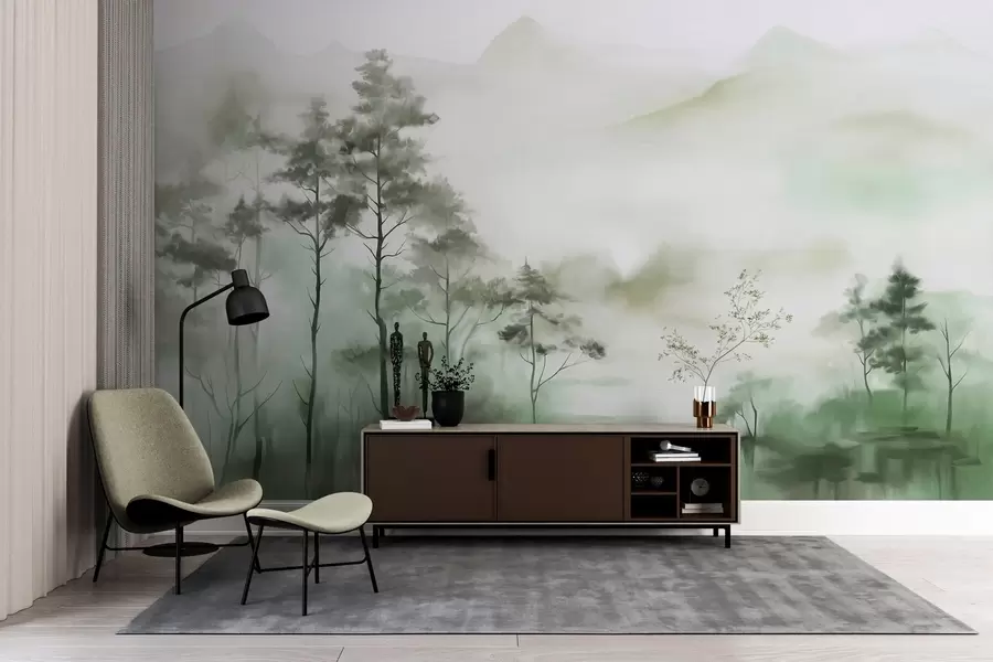 Fototapete Neblige Landschaft mit hohen Bäumen und Bergen in gedämpften Grün- und Grautönen, minimalistischer Stil, strukturiert w09469