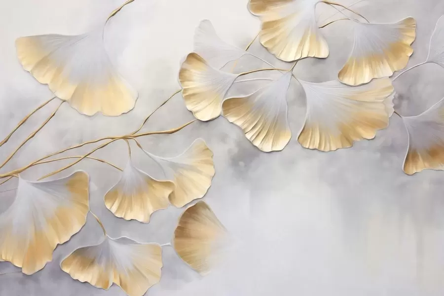 Fototapete Ginkgo-Biloba-Blätter mit gelben Rändern an einem Ast, grauer strukturierter Hintergrund, elegantes und minimalistisches Design w09472