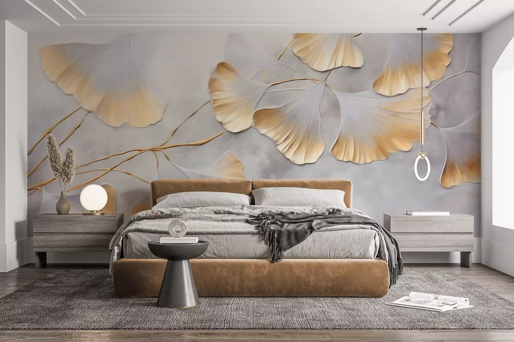 Fototapete Ginkgo-Biloba-Blätter mit gelben Rändern an einem Ast, grauer strukturierter Hintergrund, elegantes und minimalistisches Design w09472