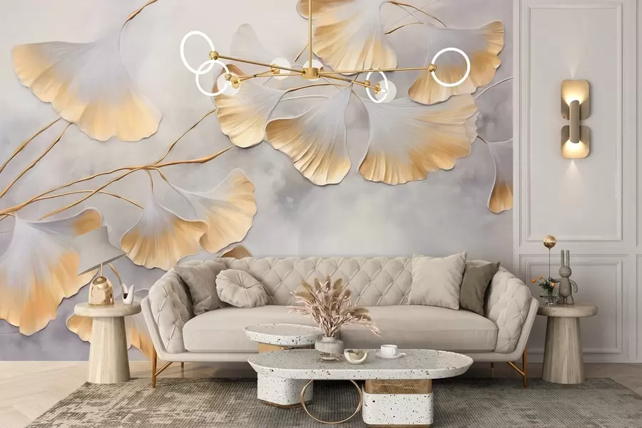 Fototapete Ginkgo-Biloba-Blätter mit gelben Rändern an einem Ast, grauer strukturierter Hintergrund, elegantes und minimalistisches Design w09472