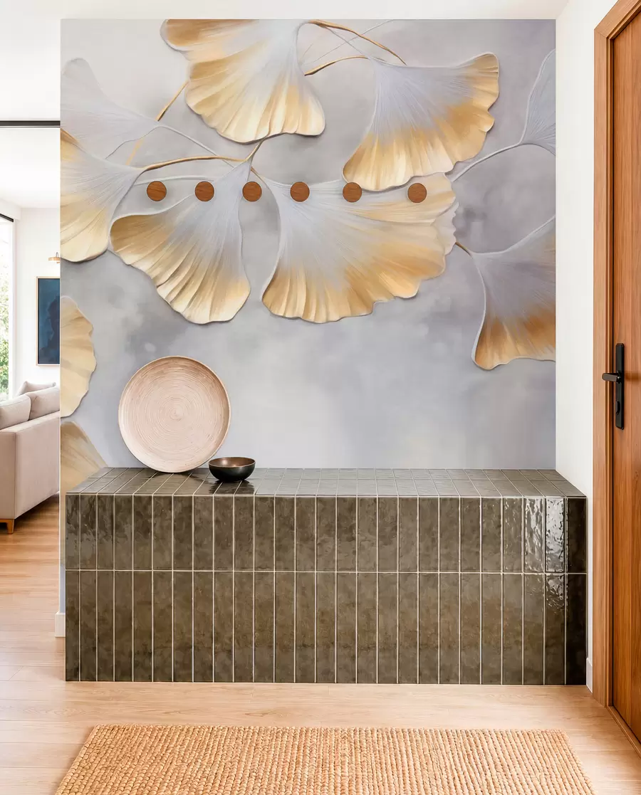 Fototapete Ginkgo-Biloba-Blätter mit gelben Rändern an einem Ast, grauer strukturierter Hintergrund, elegantes und minimalistisches Design w09472