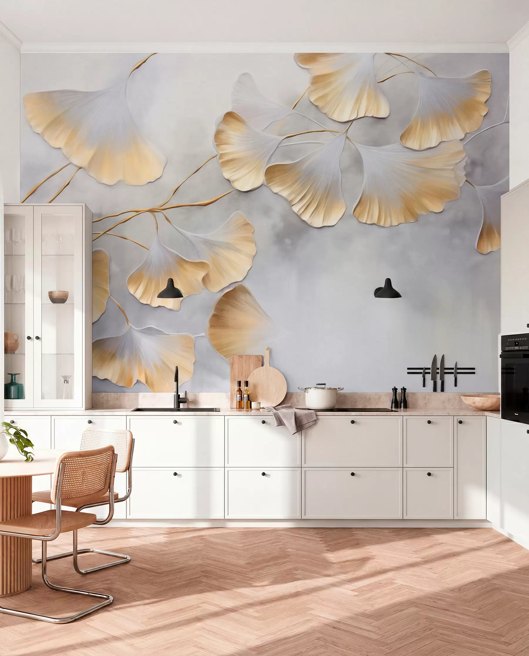 Fototapete Ginkgo-Biloba-Blätter mit gelben Rändern an einem Ast, grauer strukturierter Hintergrund, elegantes und minimalistisches Design w09472