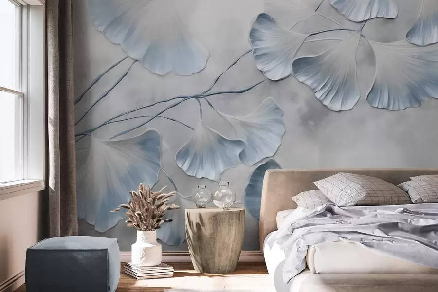 Fototapete Ginkgo-Biloba-Blätter mit blauen Rändern an einem Ast, grauer strukturierter Hintergrund, elegantes und minimalistisches Design w09472v1