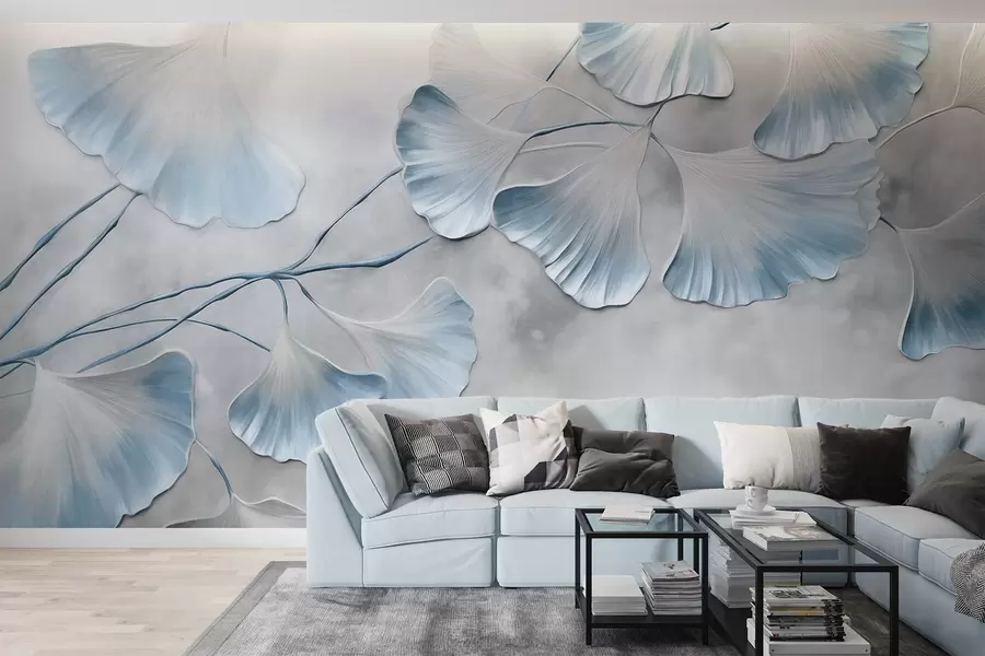 Fototapete Ginkgo-Biloba-Blätter mit blauen Rändern an einem Ast, grauer strukturierter Hintergrund, elegantes und minimalistisches Design w09472v1