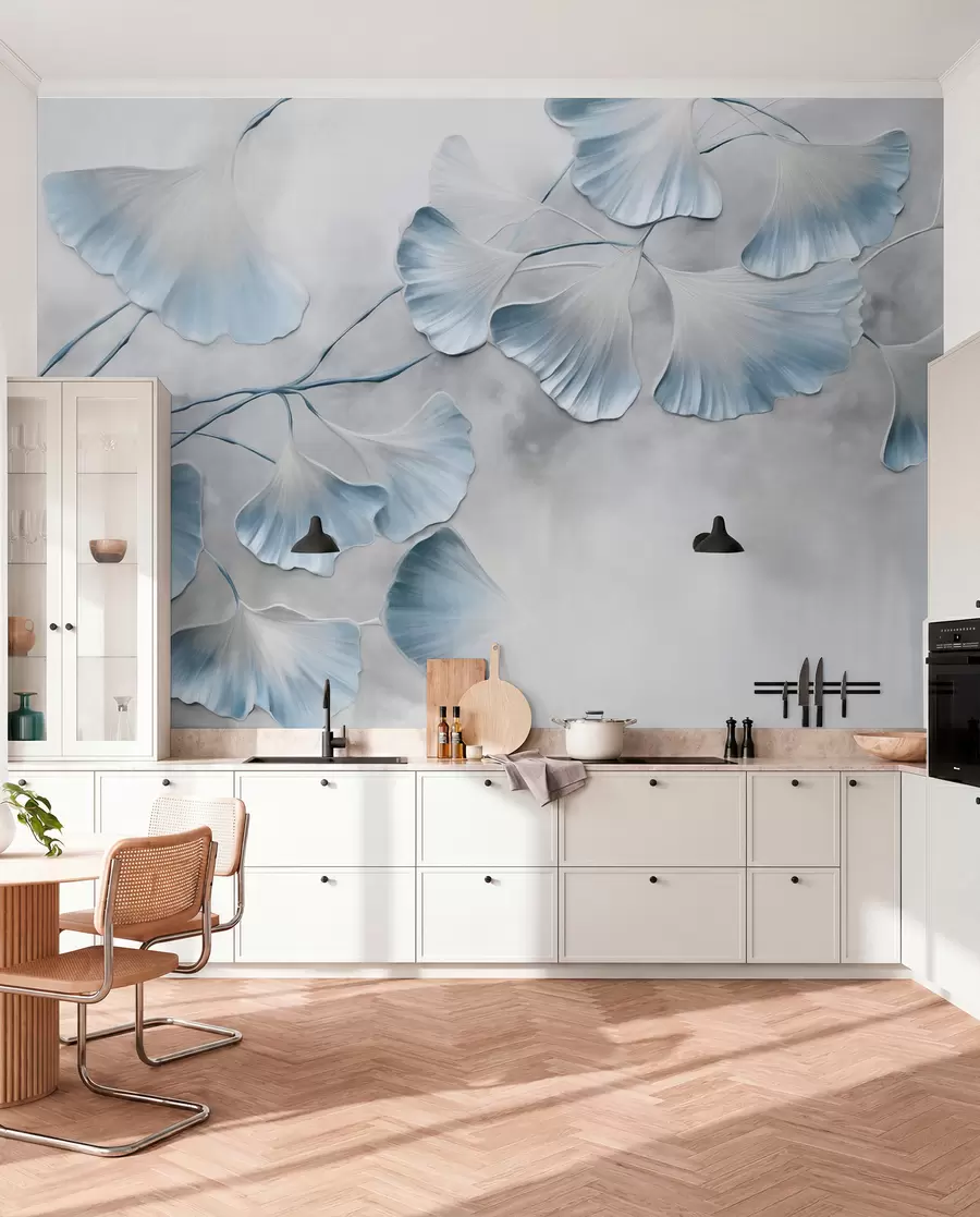 Fototapete Ginkgo-Biloba-Blätter mit blauen Rändern an einem Ast, grauer strukturierter Hintergrund, elegantes und minimalistisches Design w09472v1