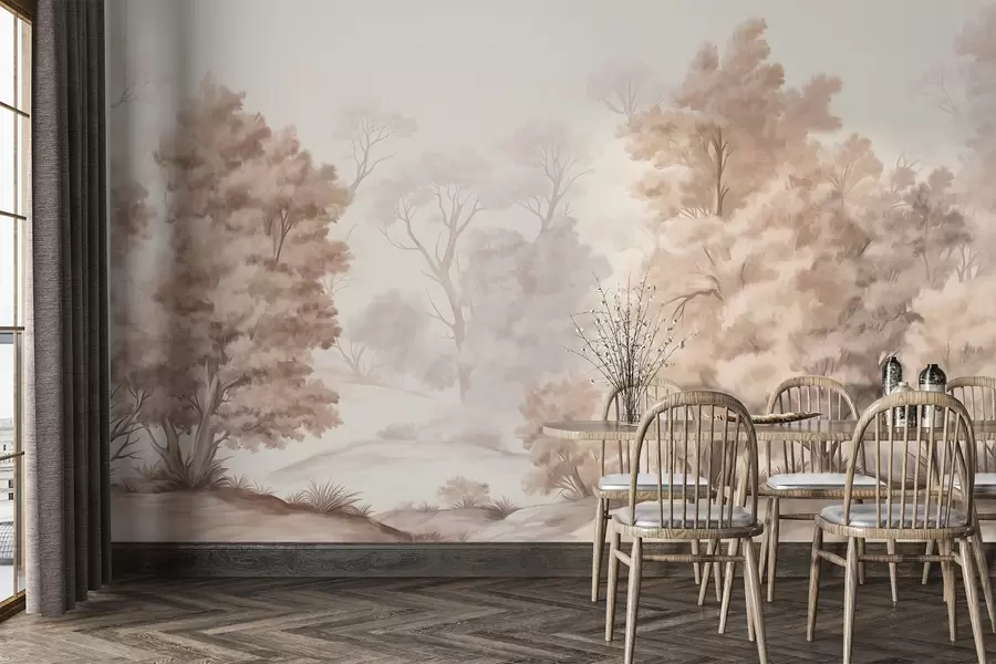 Fototapete Strukturierte Landschaftsmalerei, die einen Wald mit hohen Bäumen und Gras imitiert, gedämpfte und sanfte Farben, beruhigende Szene w09474