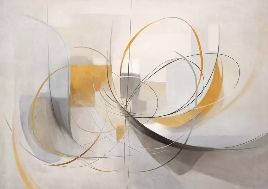 Fototapete Abstrakter, strukturierter moderner Malstil mit geschwungenen Linien und geometrischen Formen in Grau-, Weiß- und Orangetönen w09476