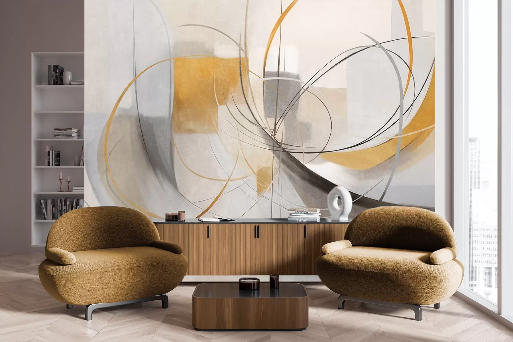 Fototapete Abstrakter, strukturierter moderner Malstil mit geschwungenen Linien und geometrischen Formen in Grau-, Weiß- und Orangetönen w09476