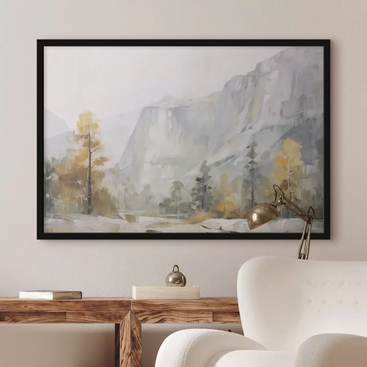 Poster Landschaft mit Wald vor Bergen, Gemäldeimitation f46299