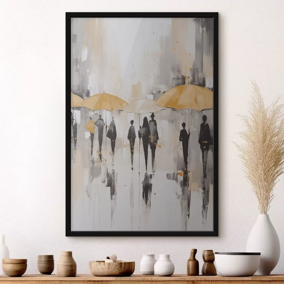 Poster Abstraktion von Menschen mit Regenschirmen f46304