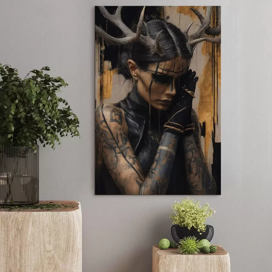 Wandbilder Frau mit Hörnern in einem dunklen Look mit schwarzen Gesichtszügen s46144