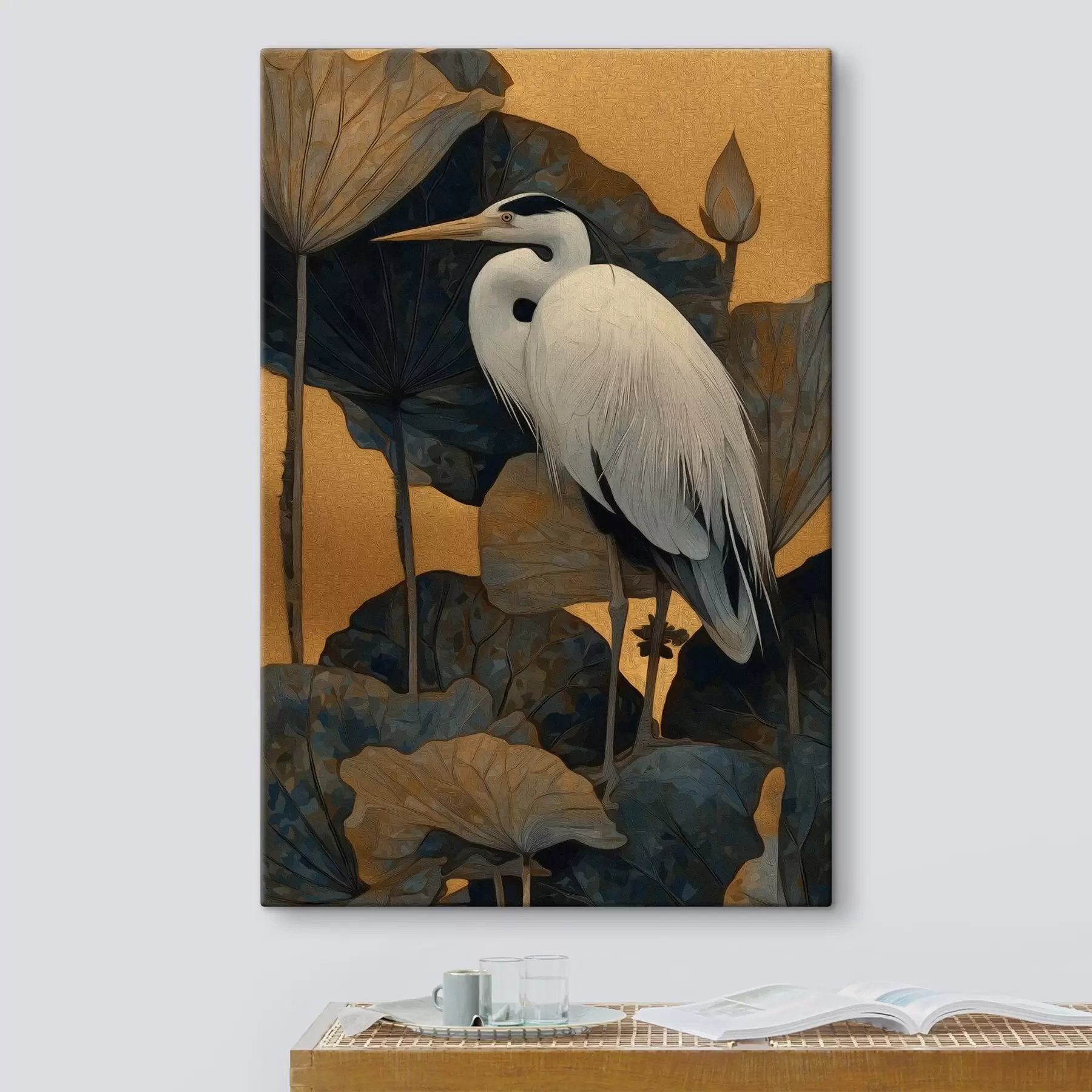 Wandbilder Weißer Reiher zwischen großen Blättern auf warmem Hintergrund s46147