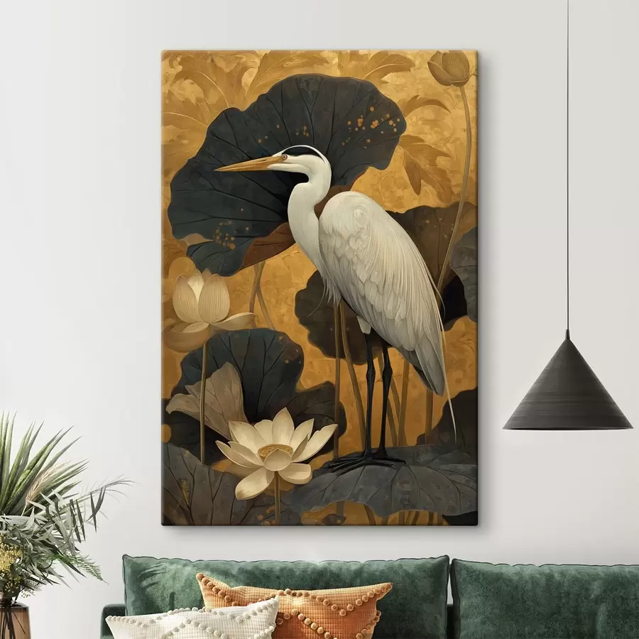 Wandbilder Reiher zwischen Lotusblumen auf warmem Hintergrund s46148