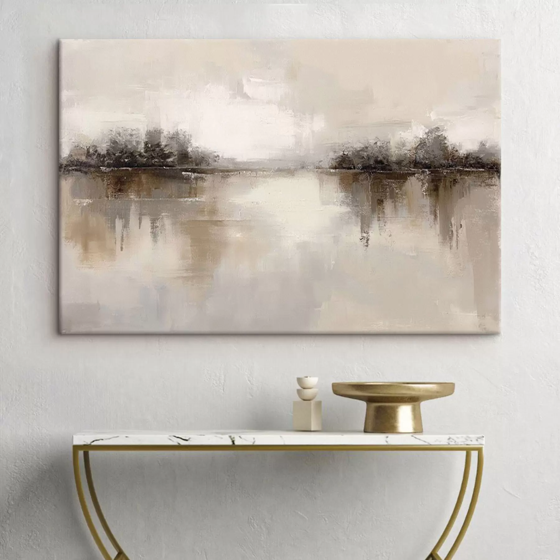 Wandbilder Weiche Landschaft mit einem See in warmen Beige-Grau-Tönen s46158