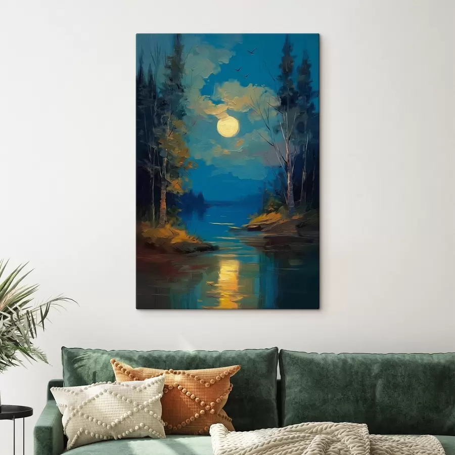 Wandbilder Mondlicht über einem ruhigen Fluss zwischen Kiefern s46164