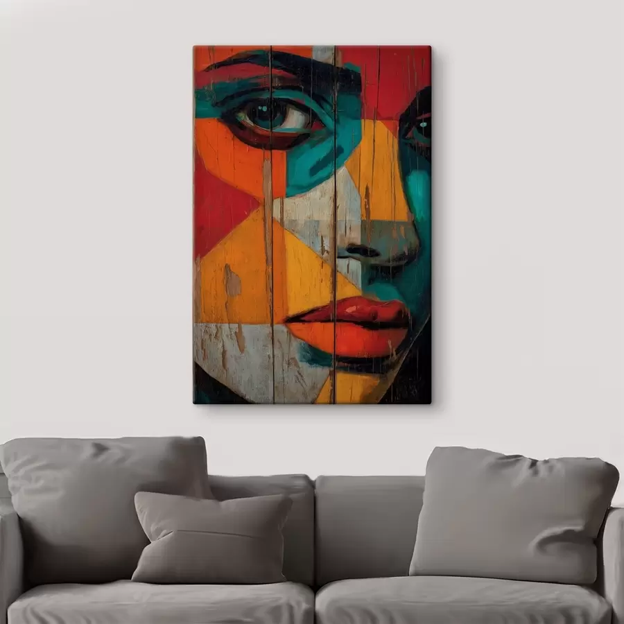 Wandbilder Helles geometrisches Gesichtsporträt auf Holzbrettern s46165