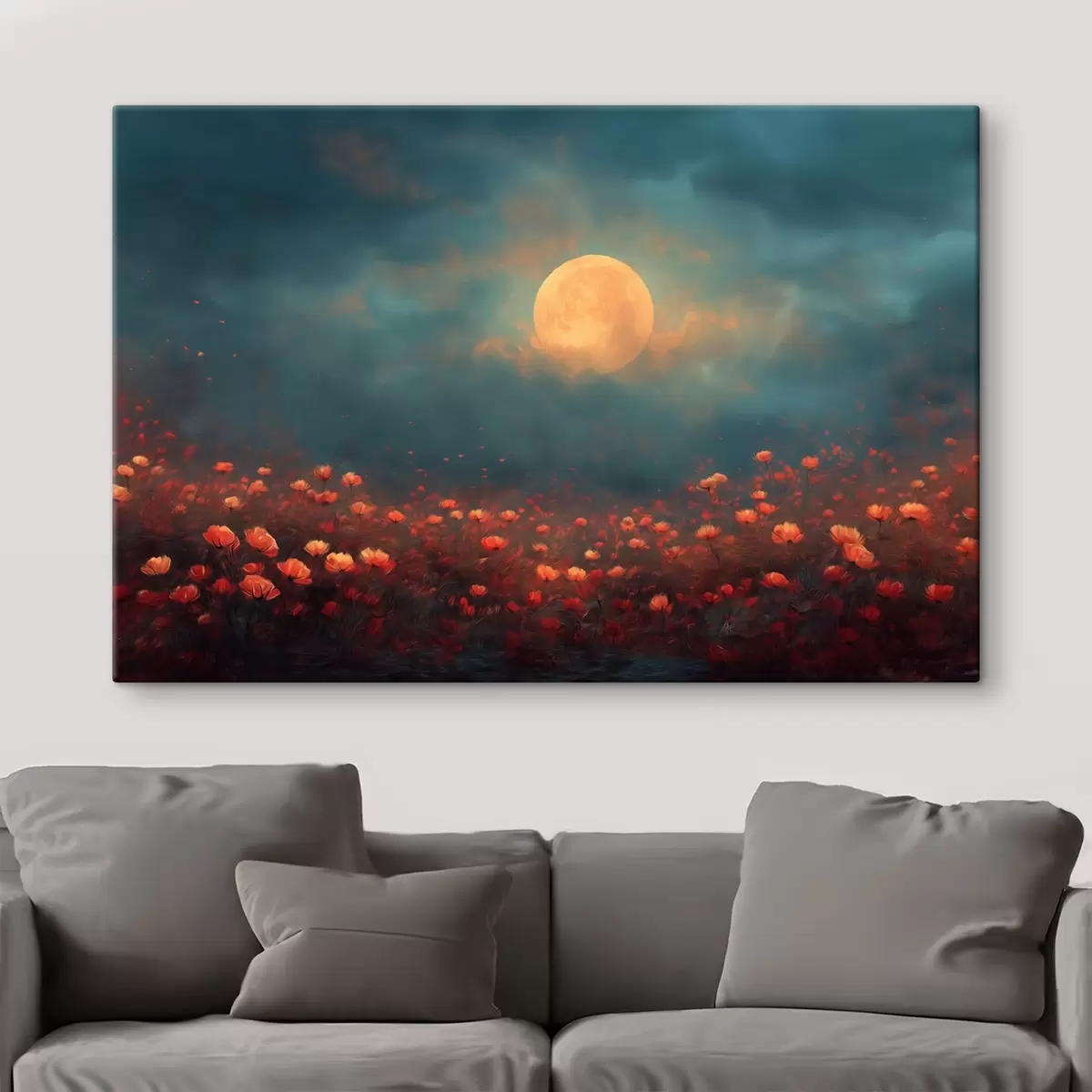 Wandbilder Mond über einem Feld voller roter Blumen an einem nebligen Abendhimmel s46167