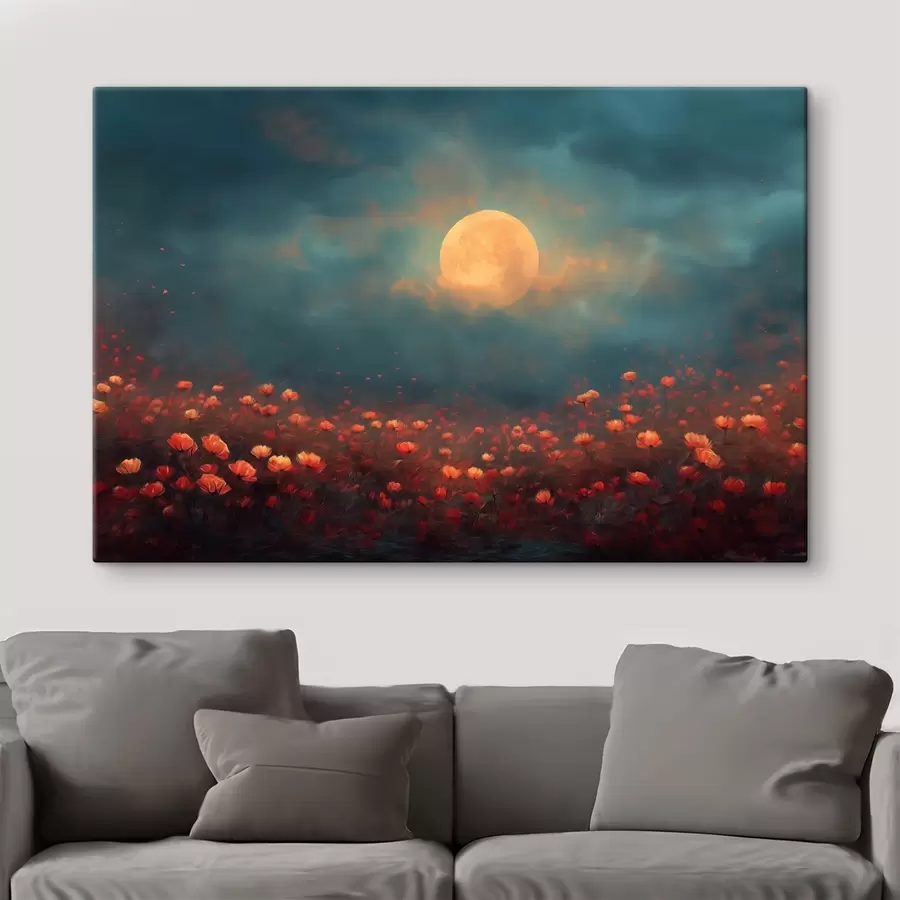 Wandbilder Mond über einem Feld voller roter Blumen an einem nebligen Abendhimmel s46167