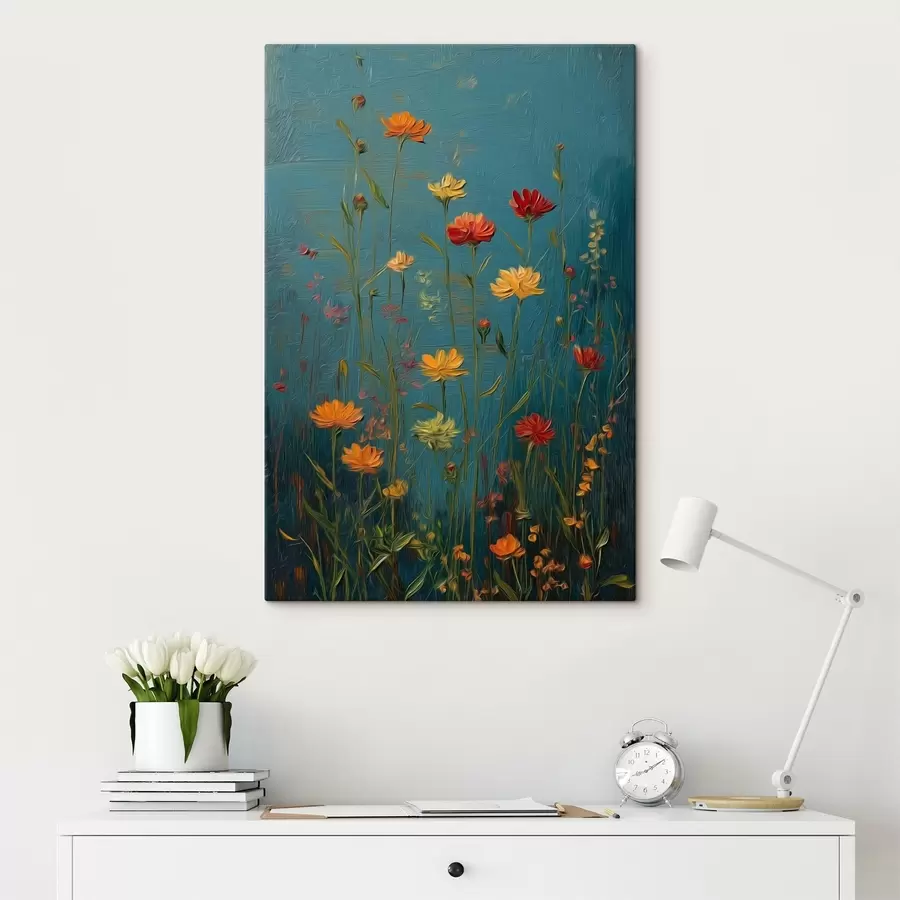 Wandbilder Wildblumen auf tief türkisfarbenem Hintergrund s46169