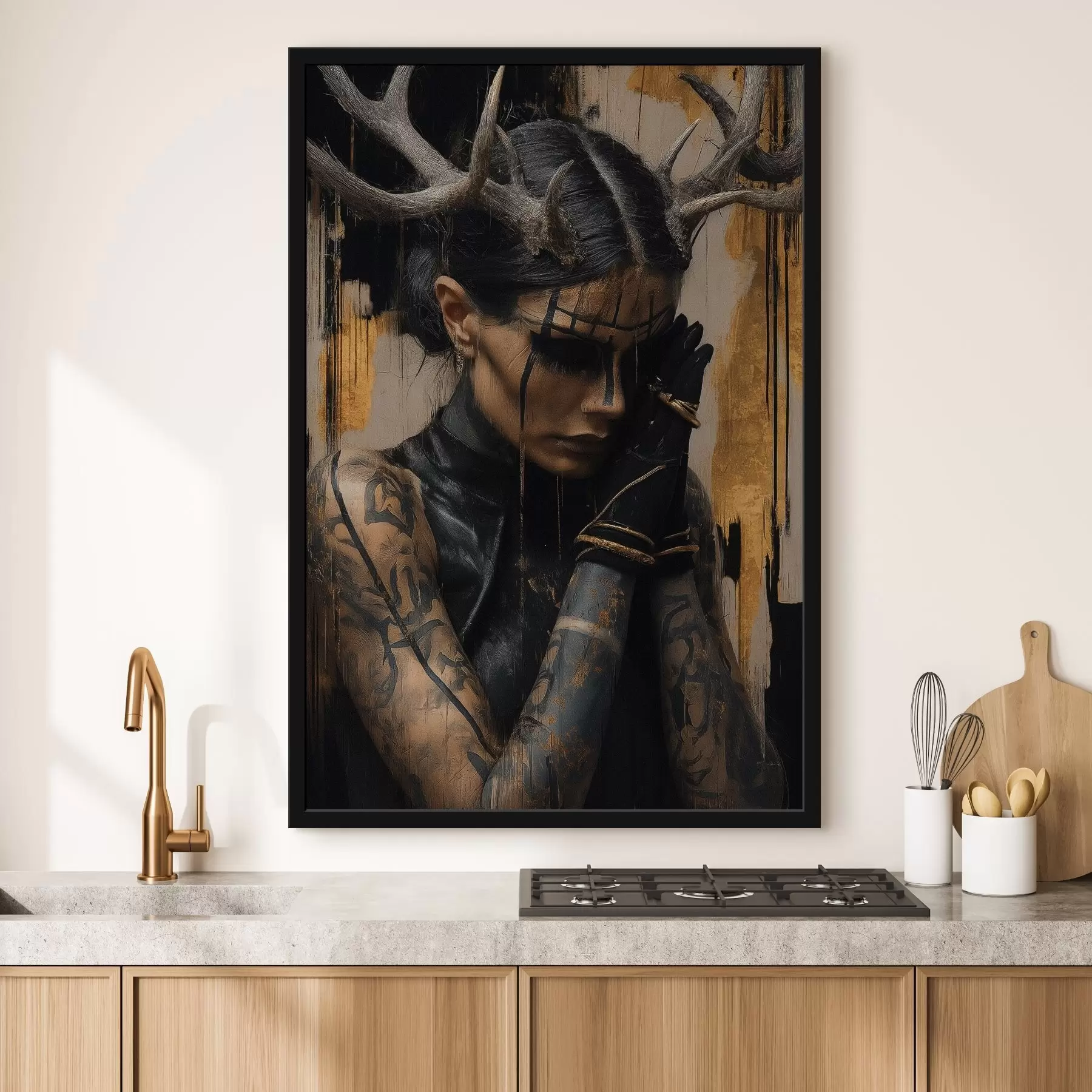 Fototapete Frau mit Hörnern in einem dunklen Look mit schwarzen Gesichtszügen f46144