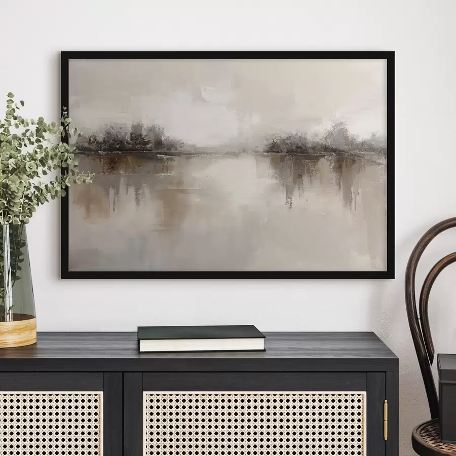 Fototapete Weiche Landschaft mit einem See in warmen Beige-Grau-Tönen f46158