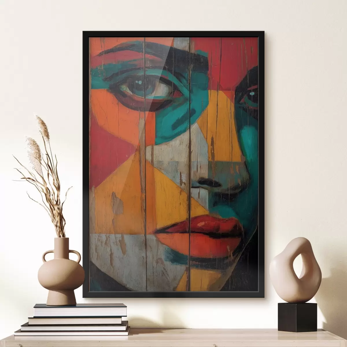 Poster Helles geometrisches Gesichtsporträt auf Holzbrettern f46165