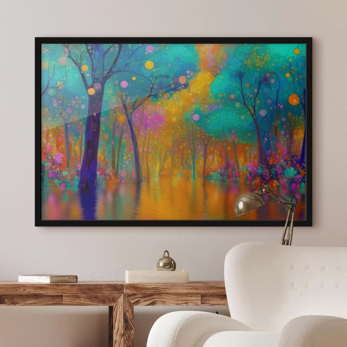 Poster Lebendiger Fantasiewald mit Spiegelungen im Wasser f46171