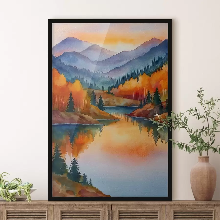 Fototapete Herbstlandschaft mit Bergen, die sich in einem ruhigen See spiegeln f46174