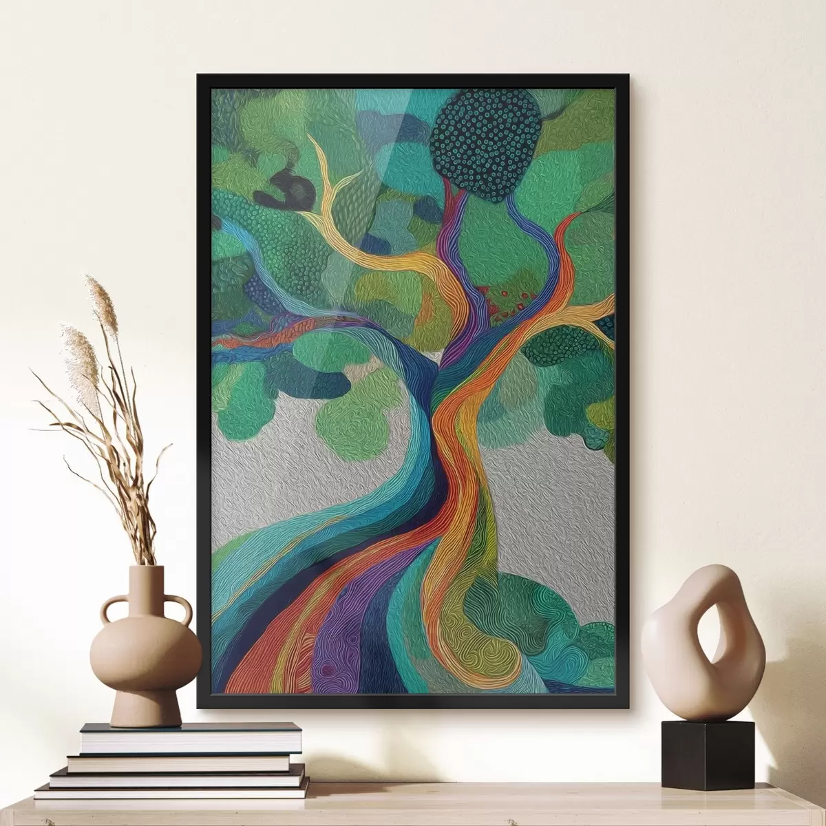Poster Baum mit Regenbogenästen auf grünem Hintergrund f46173