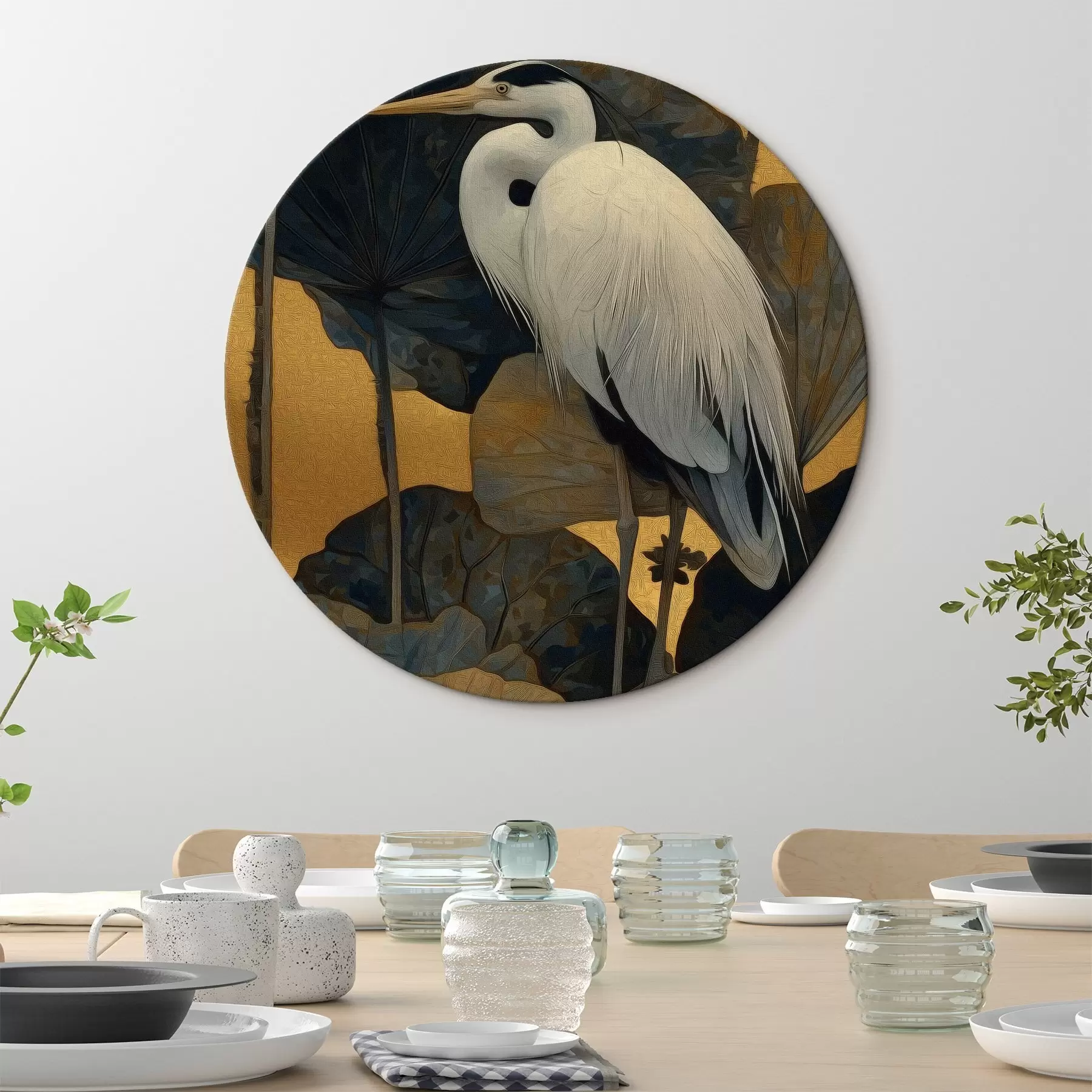 Wandbilder Weißer Reiher zwischen großen Blättern auf warmem Hintergrund r46147