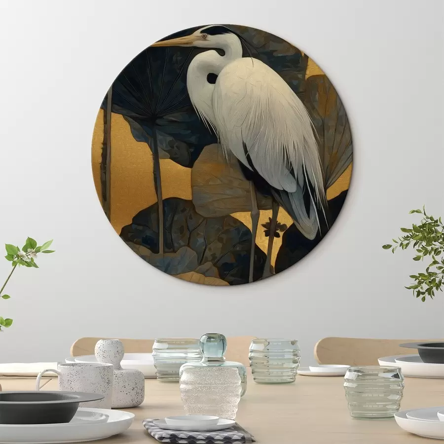 Wandbilder Weißer Reiher zwischen großen Blättern auf warmem Hintergrund r46147