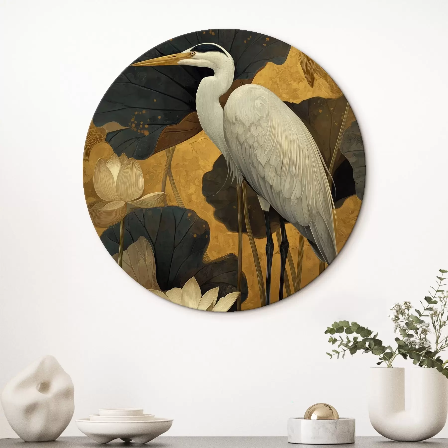 Wandbilder Reiher zwischen Lotusblumen auf warmem Hintergrund r46148