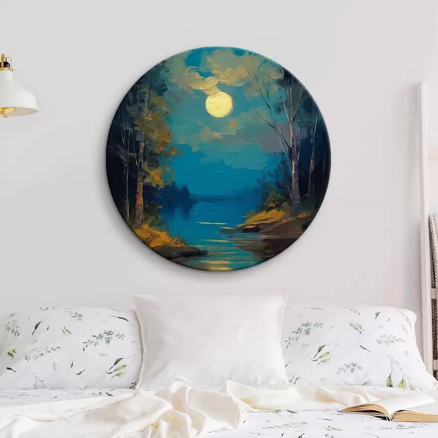 Wandbilder Mondlicht über einem ruhigen Fluss zwischen Kiefern r46164