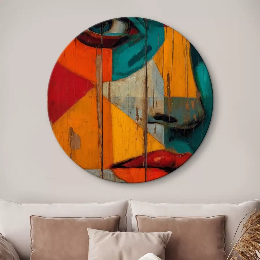 Wandbilder Helles geometrisches Gesichtsporträt auf Holzbrettern r46165