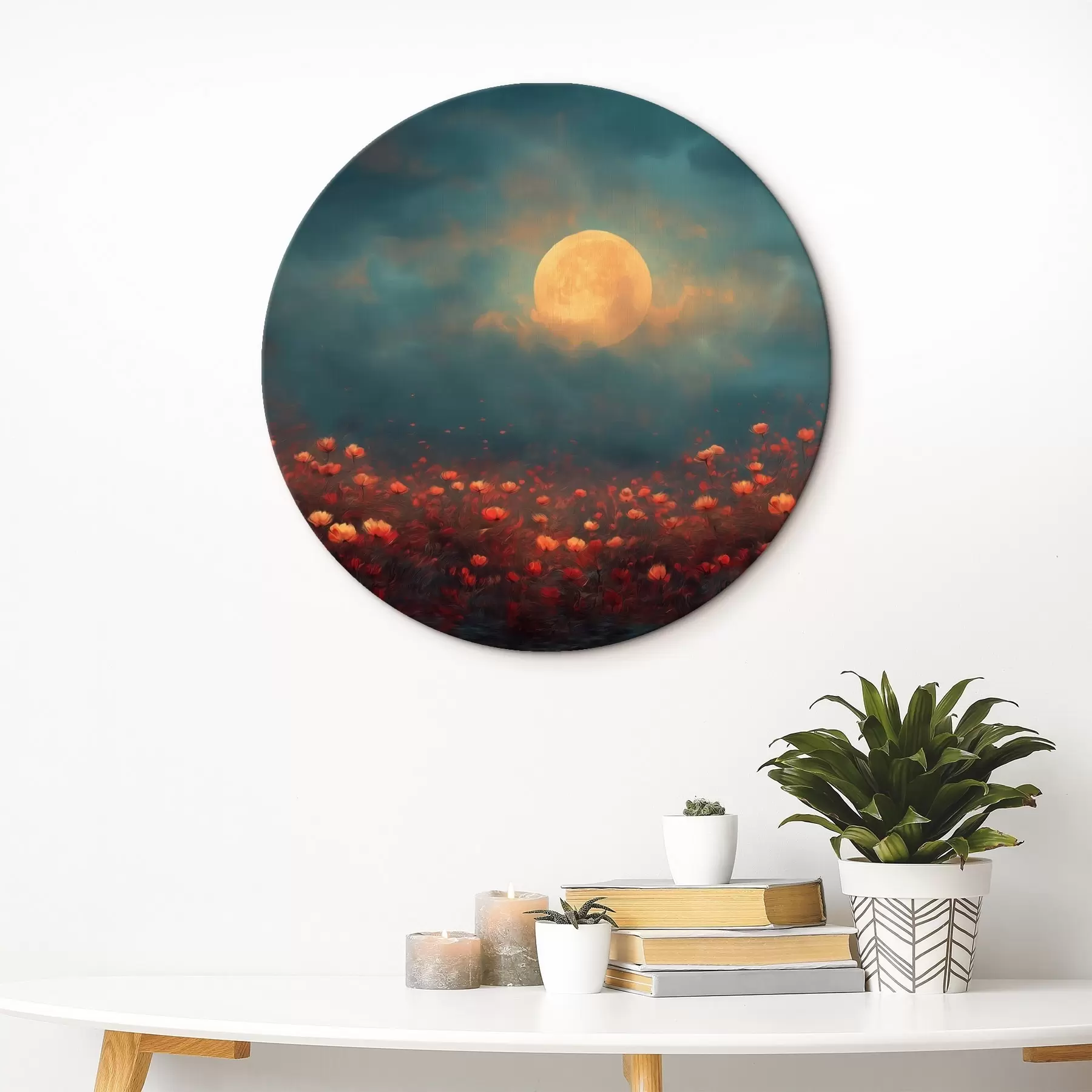 Wandbilder Mond über einem Feld voller roter Blumen an einem nebligen Abendhimmel r46167