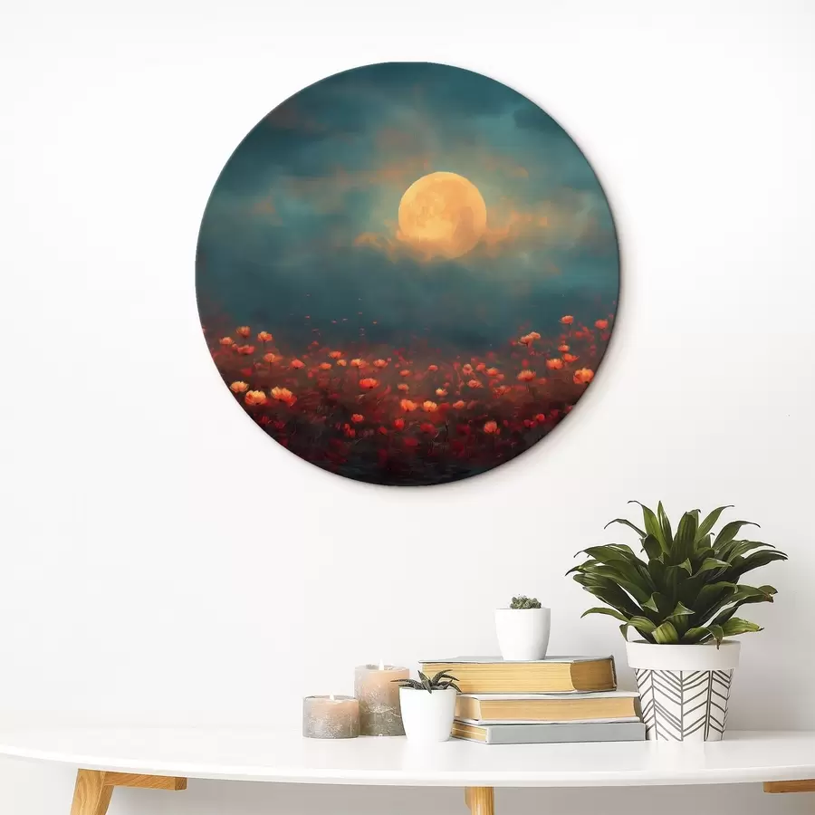Wandbilder Mond über einem Feld voller roter Blumen an einem nebligen Abendhimmel r46167