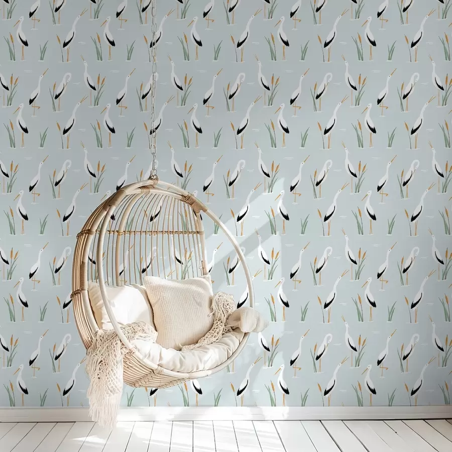 Fototapete Reiher zwischen Schilf auf einem sanften blauen Hintergrund a00650v1