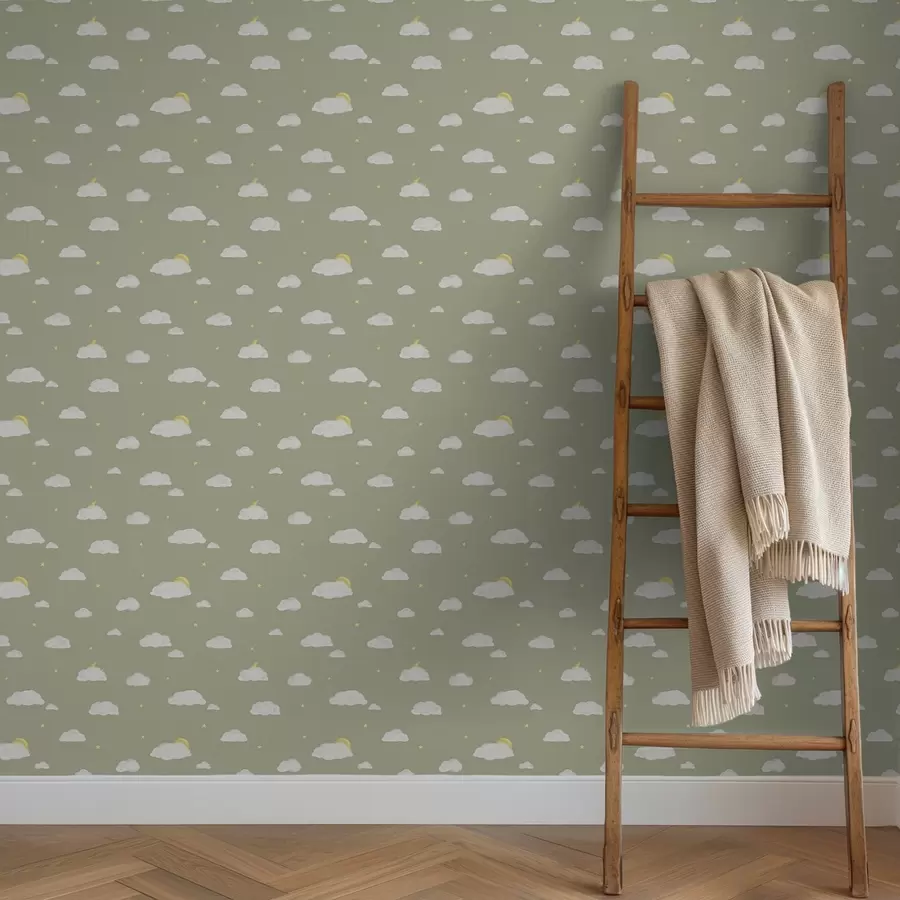 Fototapete Weiche Wolken, Sterne und Sonne auf grünlich-grauem Hintergrund a00652v1