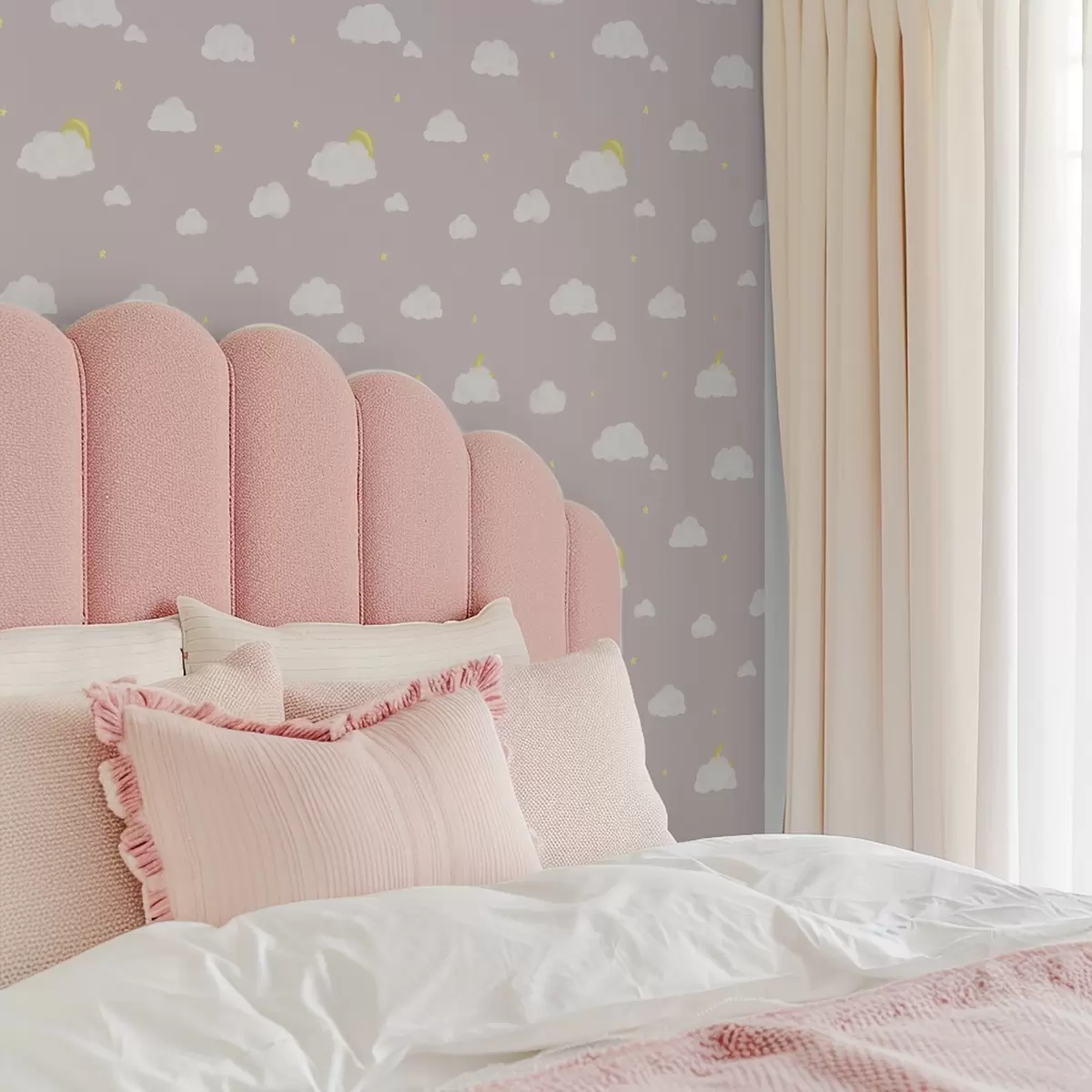 Tapete Weiche Wolken, Sterne und Sonne auf einem rosafarbenen grauen Hintergrund a00652v2